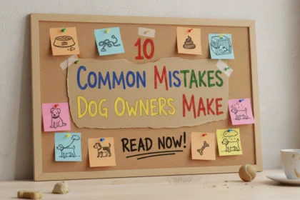 A relatable, amateur-style photo of a dog sitting near a chewed-up cushion, highlighting 10 Common Mistakes Dog Owners Make.