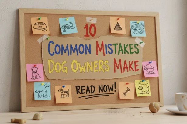 A relatable, amateur-style photo of a dog sitting near a chewed-up cushion, highlighting 10 Common Mistakes Dog Owners Make.