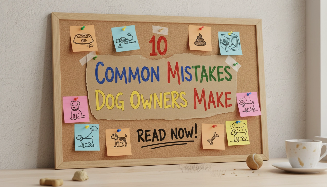 A relatable, amateur-style photo of a dog sitting near a chewed-up cushion, highlighting 10 Common Mistakes Dog Owners Make.
