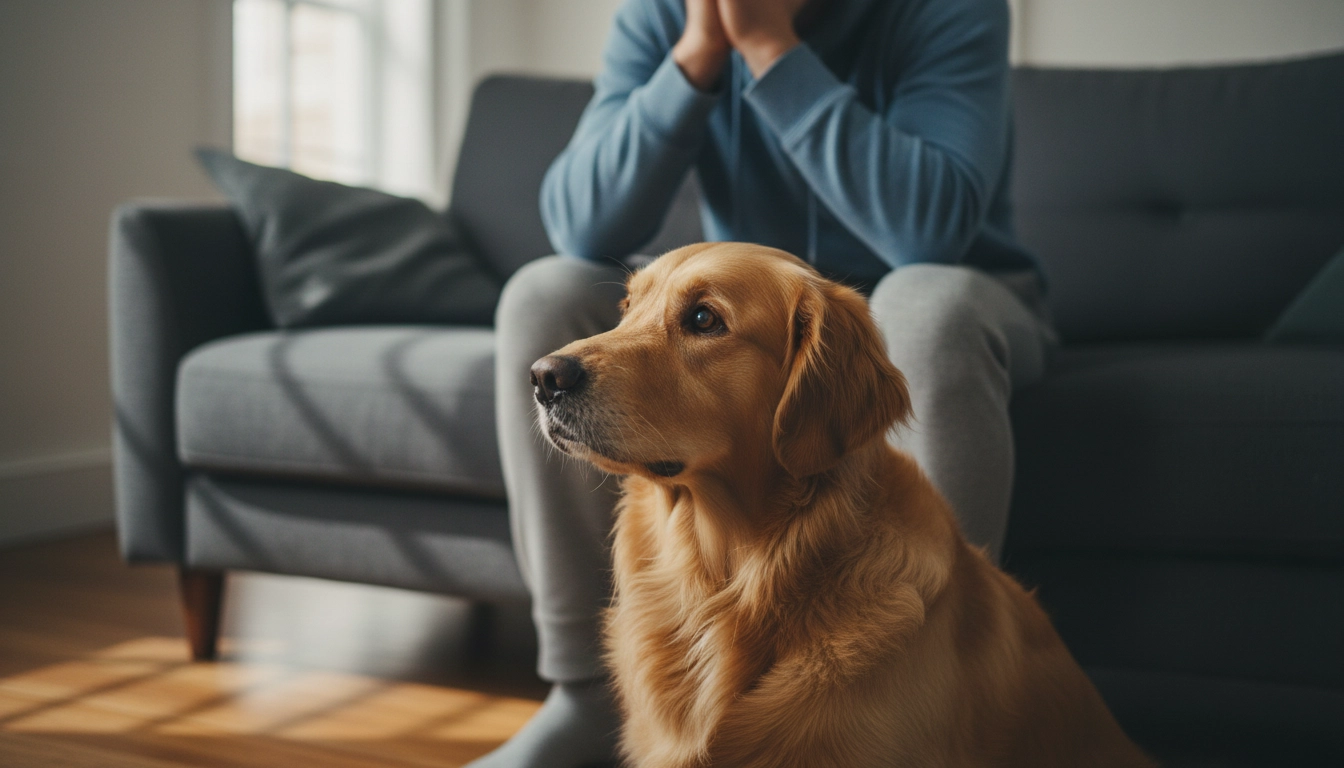 A dog looking up at its stressed owner to illustrate how dogs react to human energy and 10 Common Mistakes Dog Owners Make.