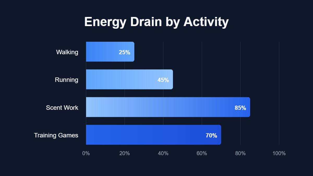 A bar chart titled "Energy Drain by Activity" showing data for Walking, Running, Scent Work, Training Games.