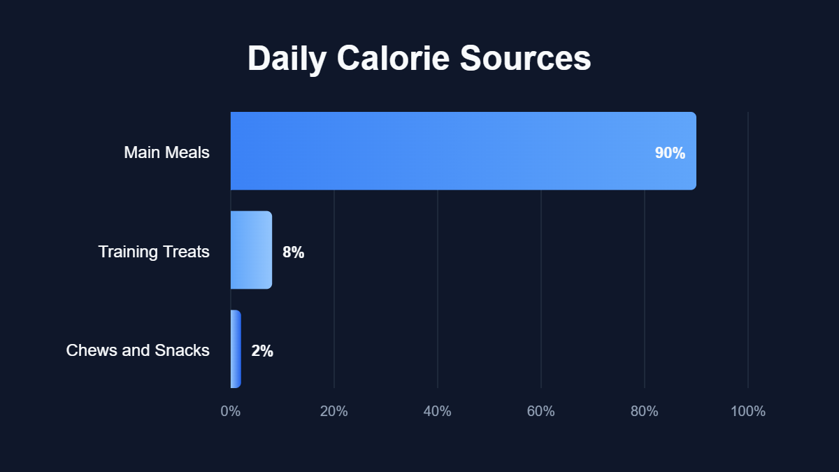 A pie chart titled "Daily Calorie Sources" showing data for Main Meals, Training Treats, Chews and Snacks.