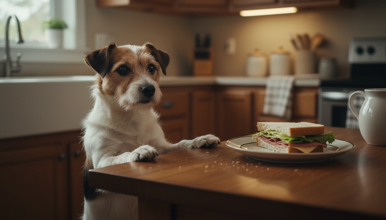 A dog looking up with large, pleading eyes toward a dinner table, a common cause of 10 Common Mistakes Dog Owners Make regarding nutrition.