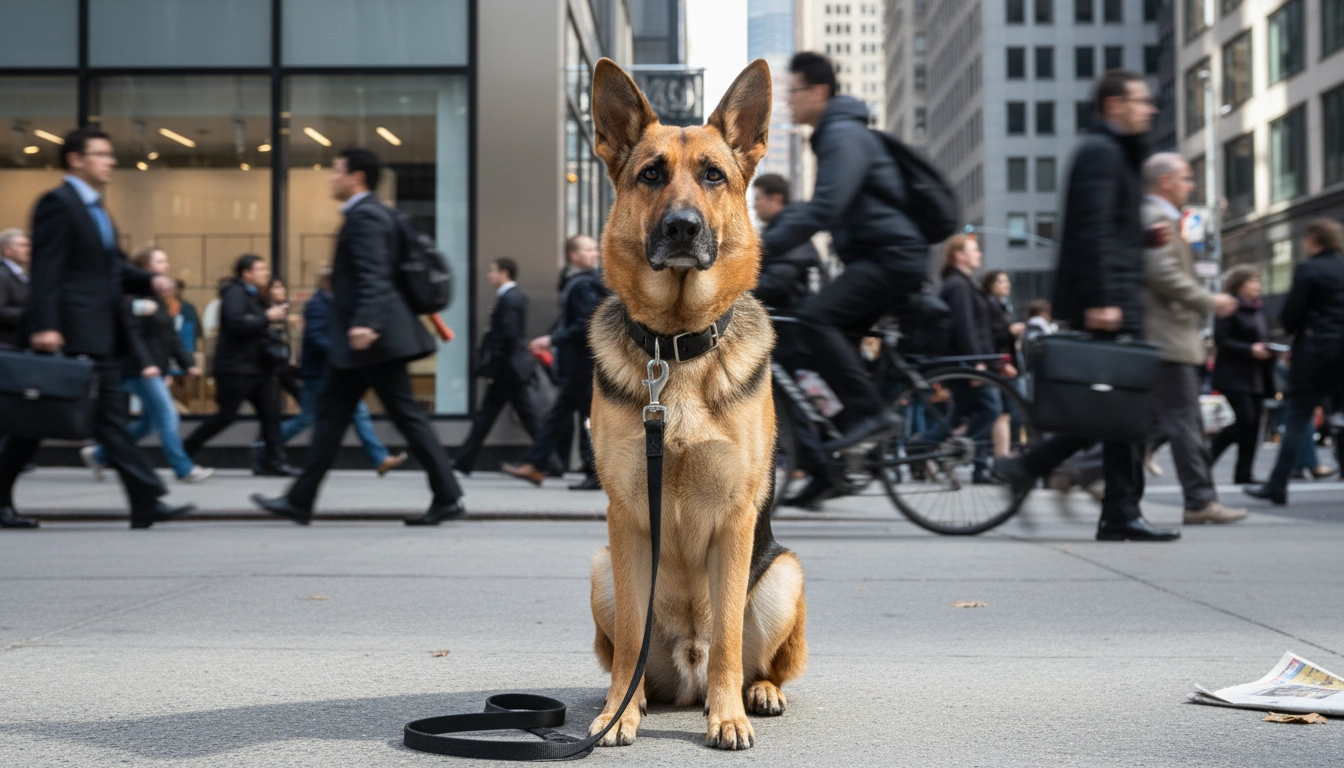 A dog sitting calmly on a sidewalk while people walk past, illustrating successful socialization and neutrality.