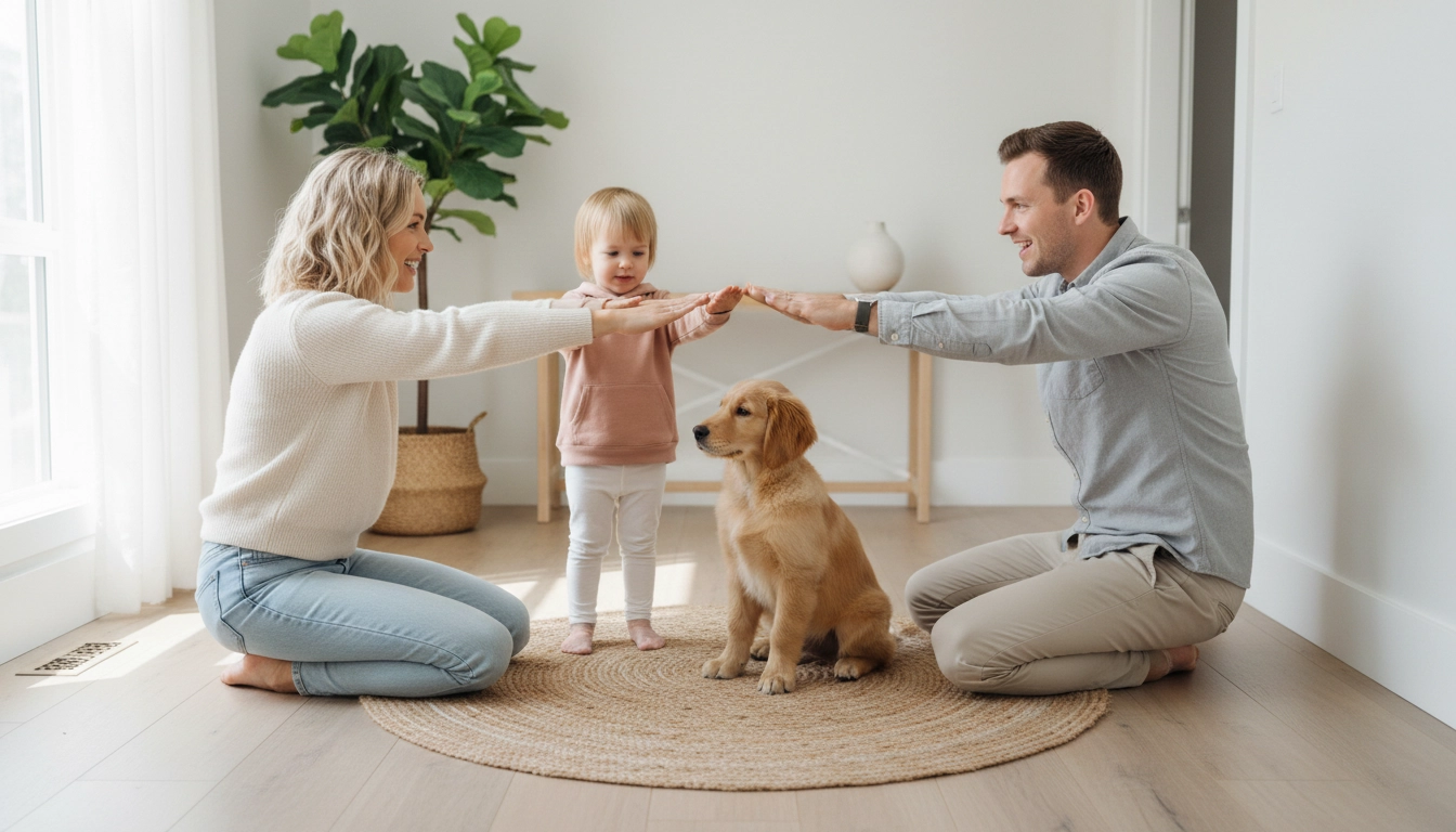 A family standing together and using the same hand signal for a puppy, avoiding one of the 10 Common Mistakes Dog Owners Make: inconsistency.