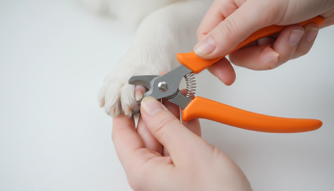 A close-up of a person carefully trimming a dog's nails to prevent joint pain and health issues.