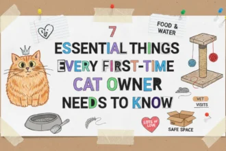 A slightly blurry, homemade-style photo of a cat sitting on a laptop keyboard, representing the 7 Essential Things Every First-Time Cat Owner Needs to Know.