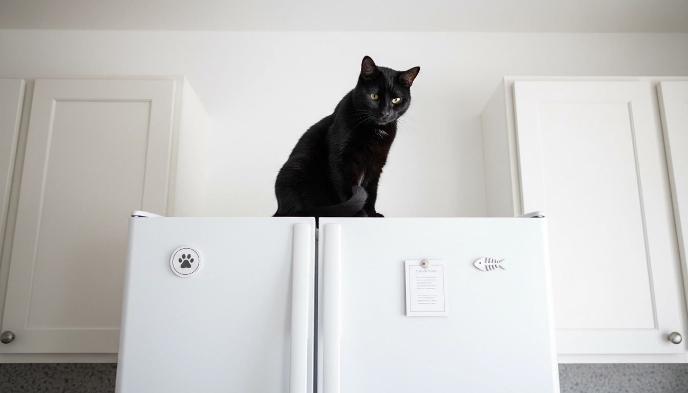 A tabby cat sitting proudly on top of a kitchen refrigerator, looking down at the room below.