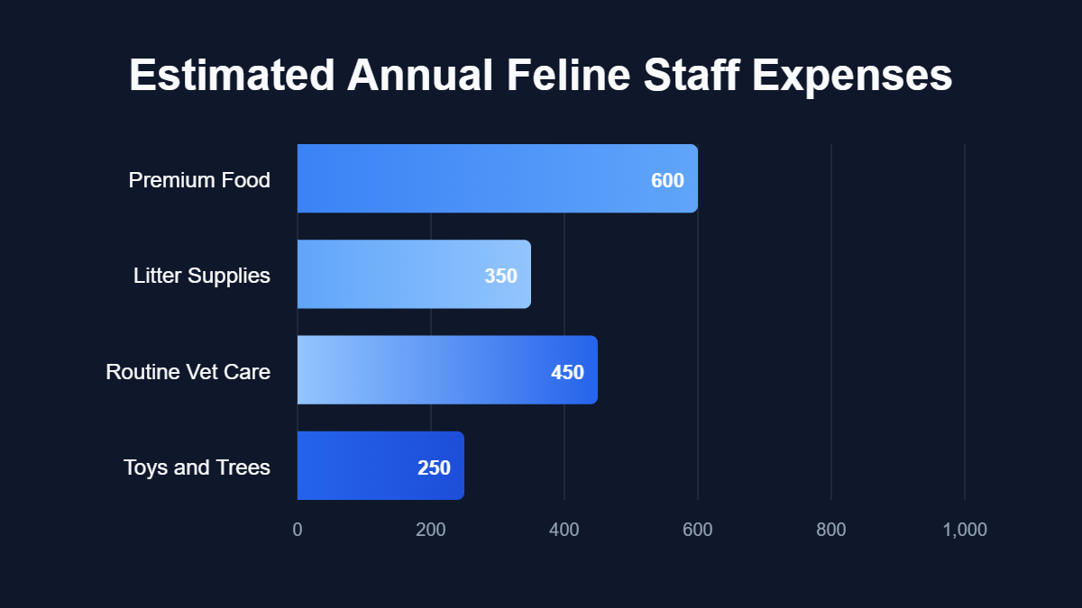 A bar chart titled "Estimated Annual Feline Staff Expenses" showing data for Premium Food, Litter Supplies, Routine Vet Care, Toys and Trees.