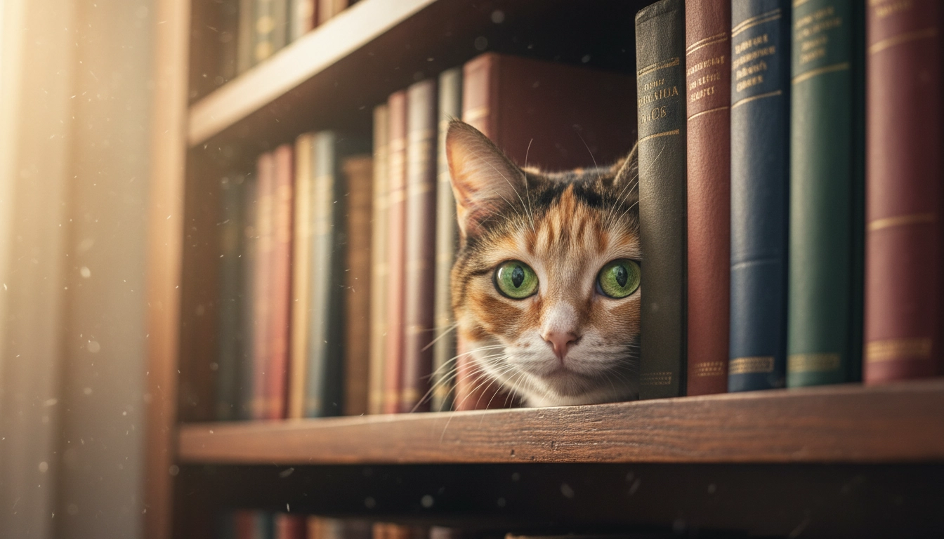 A cat nestled between books on a high shelf, observing the room to learn the 7 Essential Things Every First-Time Cat Owner Needs to Know.