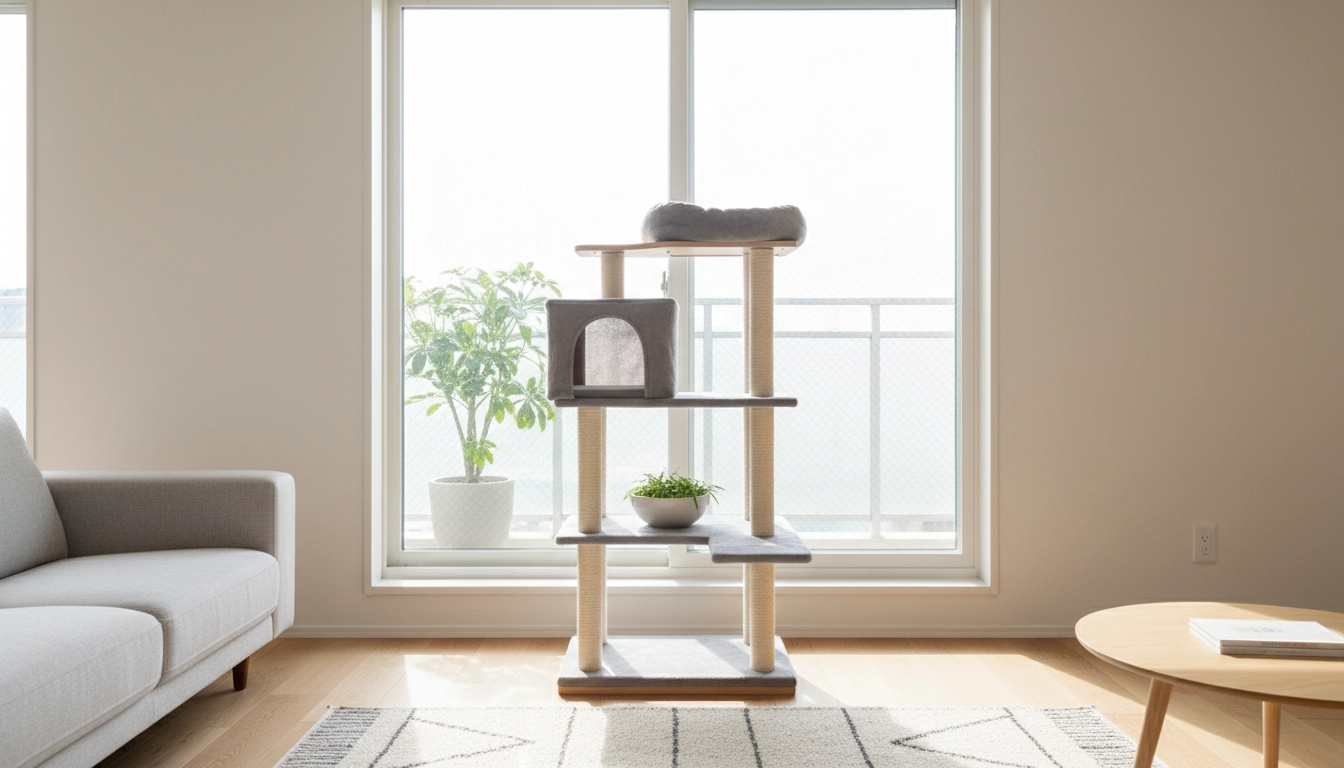 A sturdy multi-level cat tree positioned next to a large window with a safe screen.
