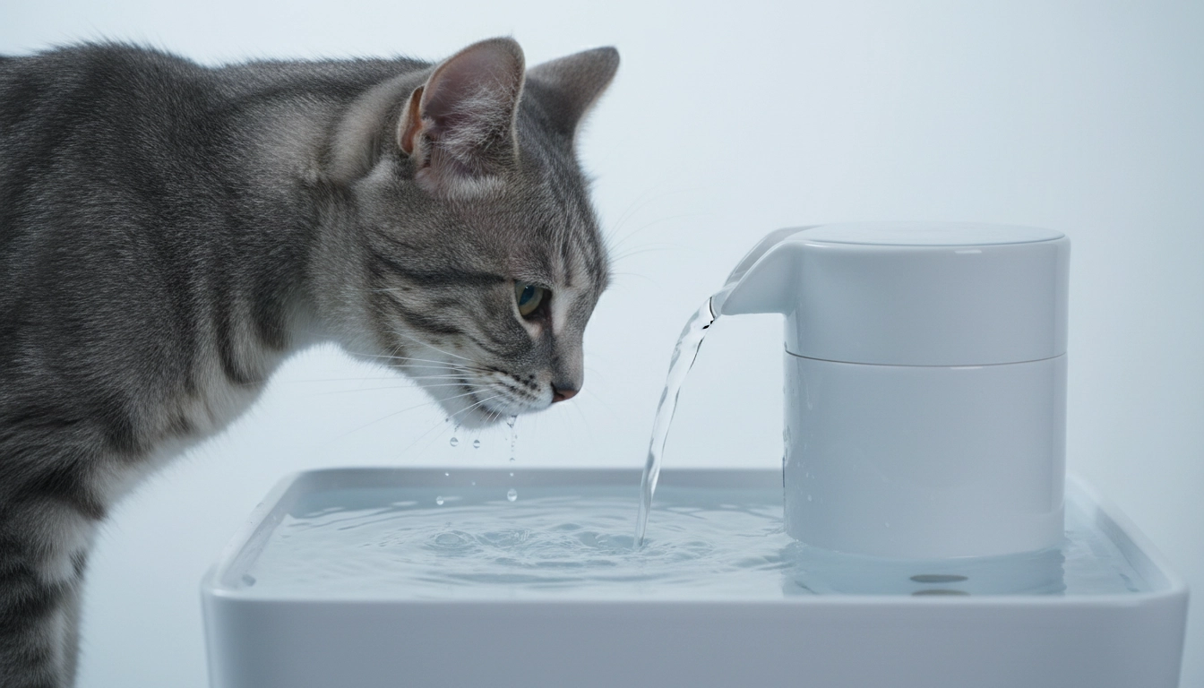 A cat drinking fresh running water from a ceramic pet fountain.