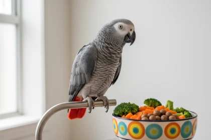 A vibrant African Grey parrot standing next to a bowl of fresh vegetables and formulated pellets, illustrating a comprehensive Bird Food Guide.