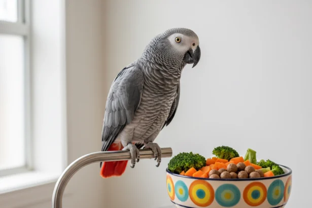 A vibrant African Grey parrot standing next to a bowl of fresh vegetables and formulated pellets, illustrating a comprehensive Bird Food Guide.