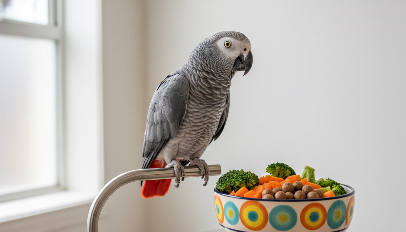 A vibrant African Grey parrot standing next to a bowl of fresh vegetables and formulated pellets, illustrating a comprehensive Bird Food Guide.