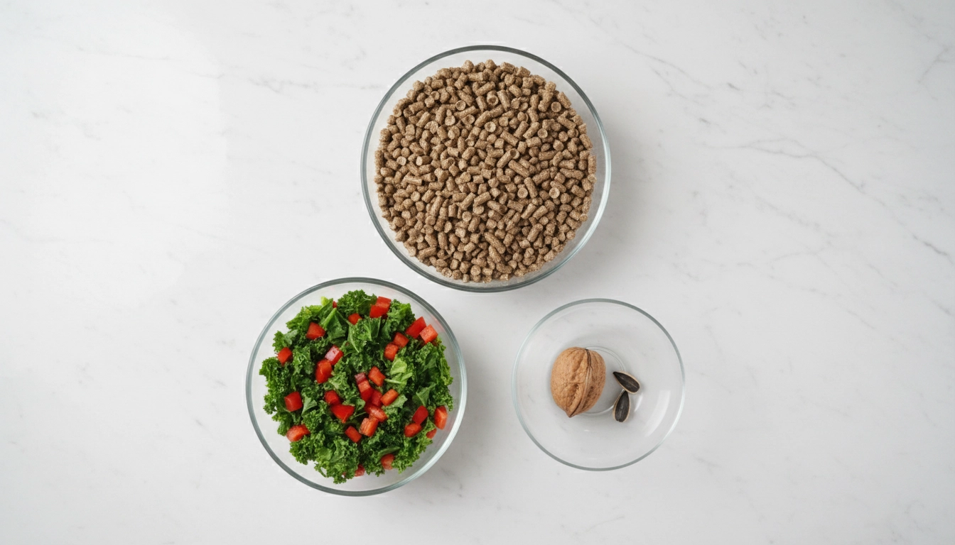 A structured Bird Food Guide layout showing the correct proportions of pellets, vegetables, and treats.