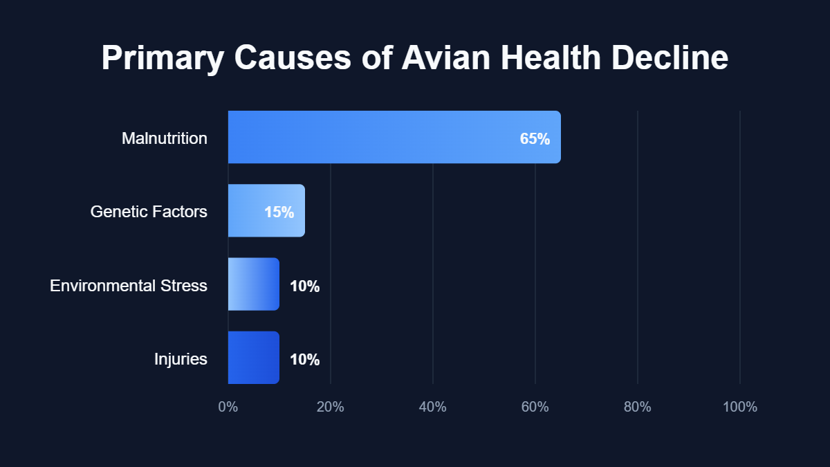 A pie chart titled "Primary Causes of Avian Health Decline" showing data for Malnutrition, Genetic Factors, Environmental Stress, Injuries.