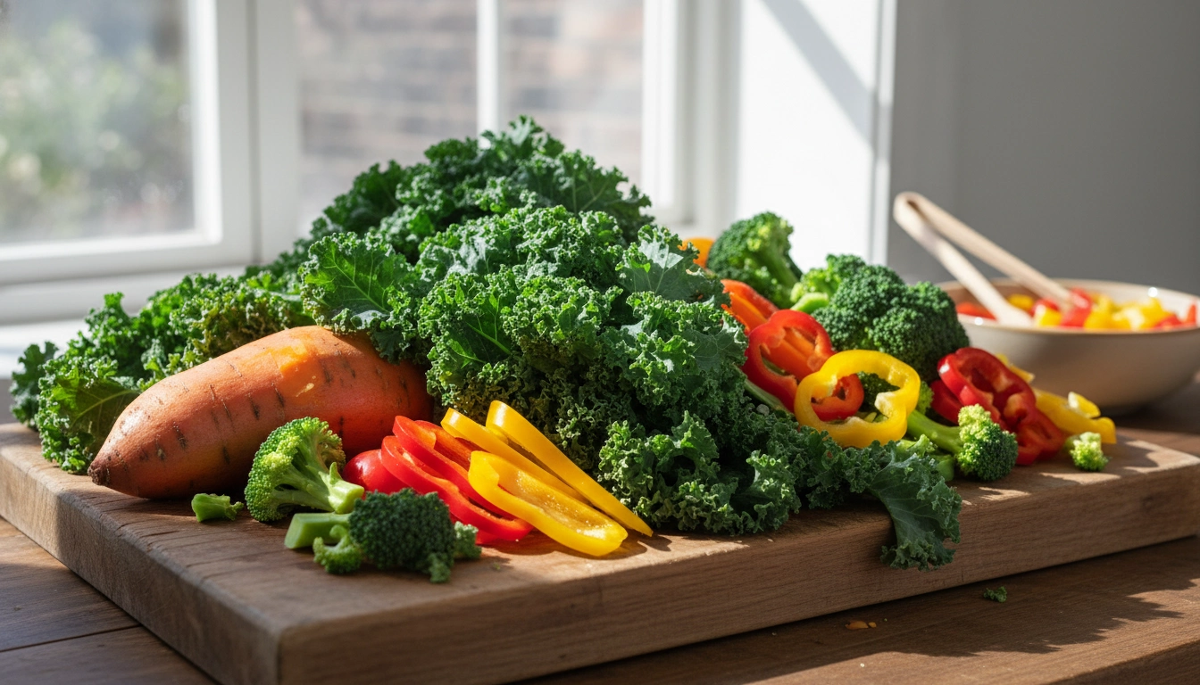 A variety of fresh vegetables like kale, carrots, and broccoli recommended in a Bird Food Guide.