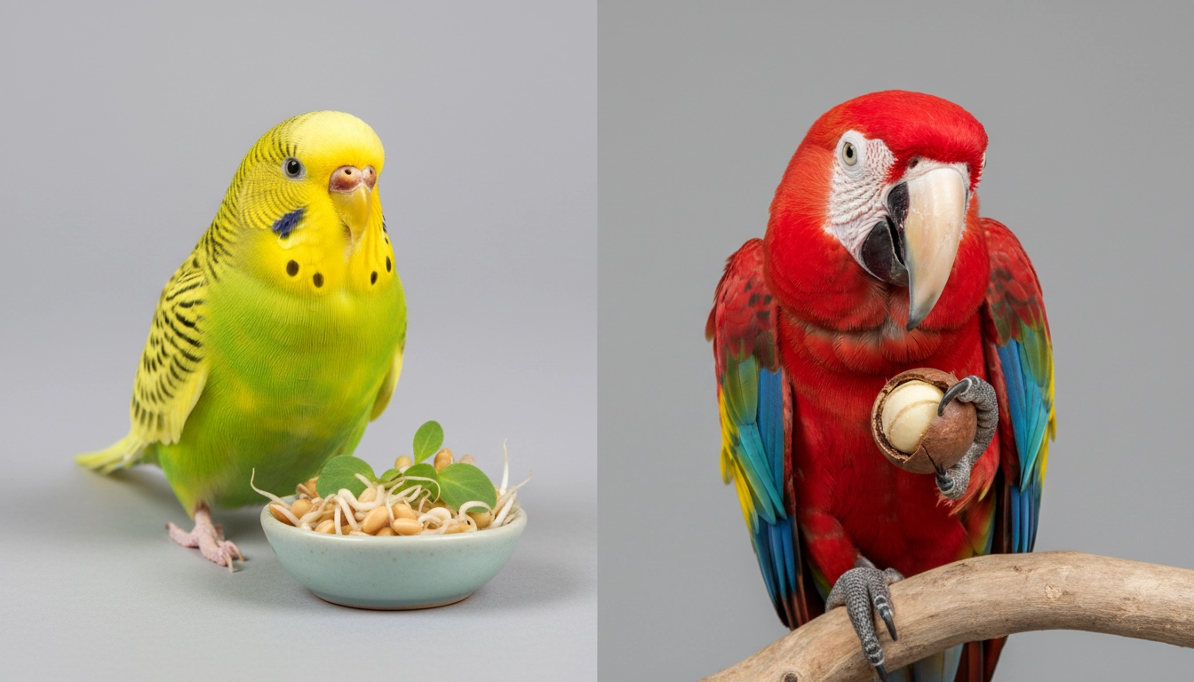 Different bird species, including a Macaw and a Budgie, highlighting the need for a tailored Bird Food Guide.