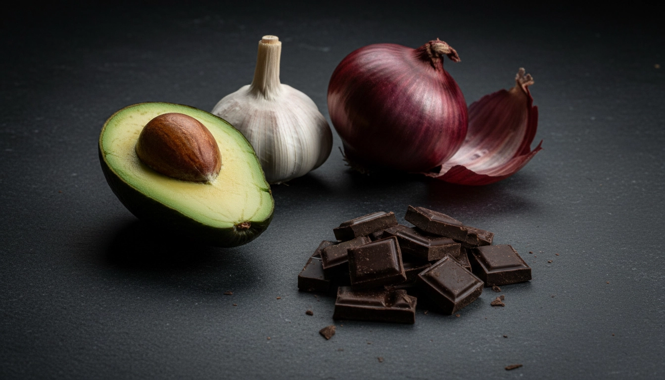 A warning display of toxic foods for birds including avocado, chocolate, and onions.