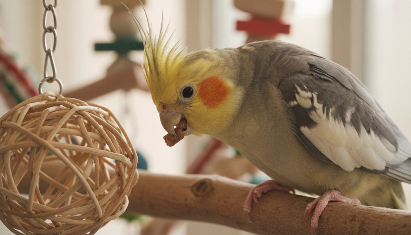 A Cockatiel using a foraging toy to find healthy pellets as part of a Bird Food Guide transition.