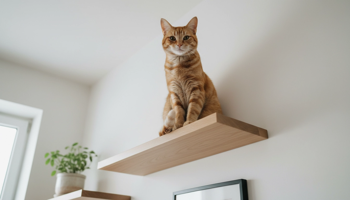 A sleek cat perched on a high wall-mounted shelf as part of a Cat Care petly environment.