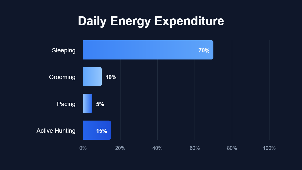 A pie chart titled "Daily Energy Expenditure" showing data for Sleeping, Grooming, Pacing, Active Hunting.