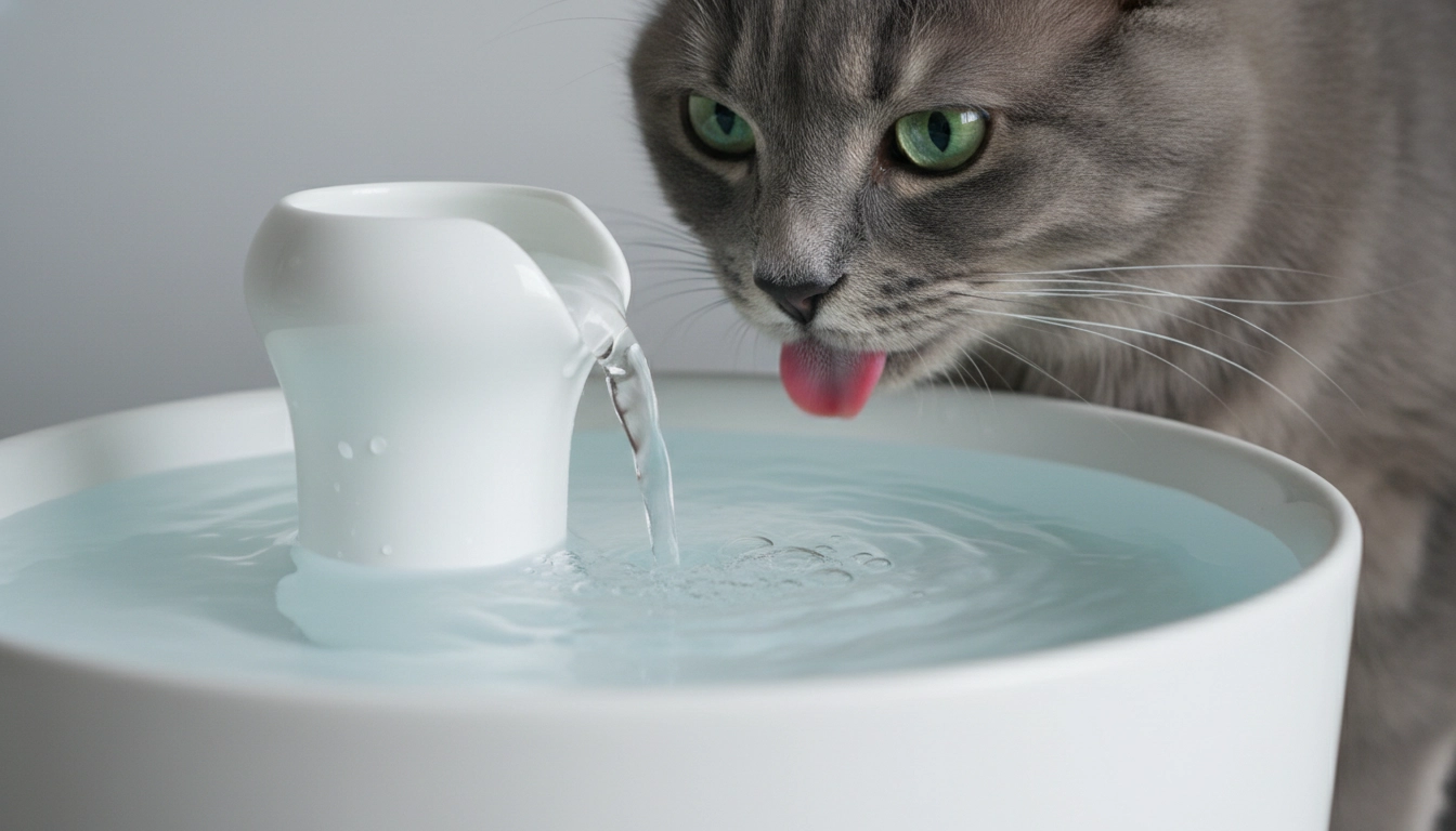 A cat drinking from a bubbling ceramic water fountain, a key element of Cat Care petly.