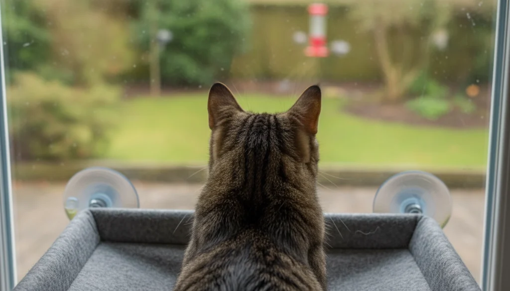 An indoor cat looking out a window from a padded perch, demonstrating Cat Care petly enrichment.