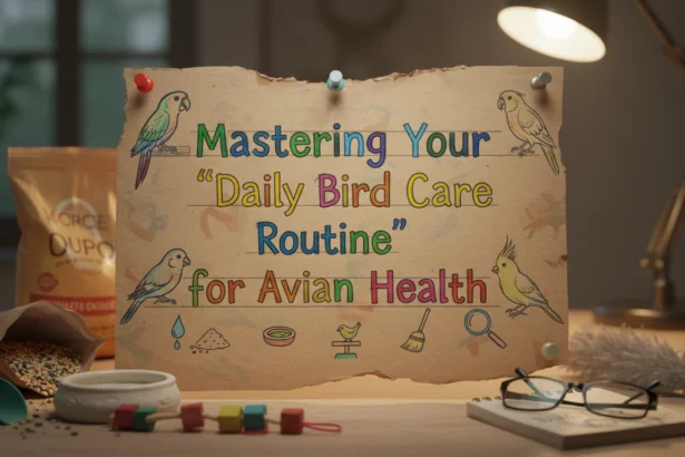 A homemade, amateur photo of a spray bottle and paper towels next to a parrot cage as part of a Daily Bird Care Routine.