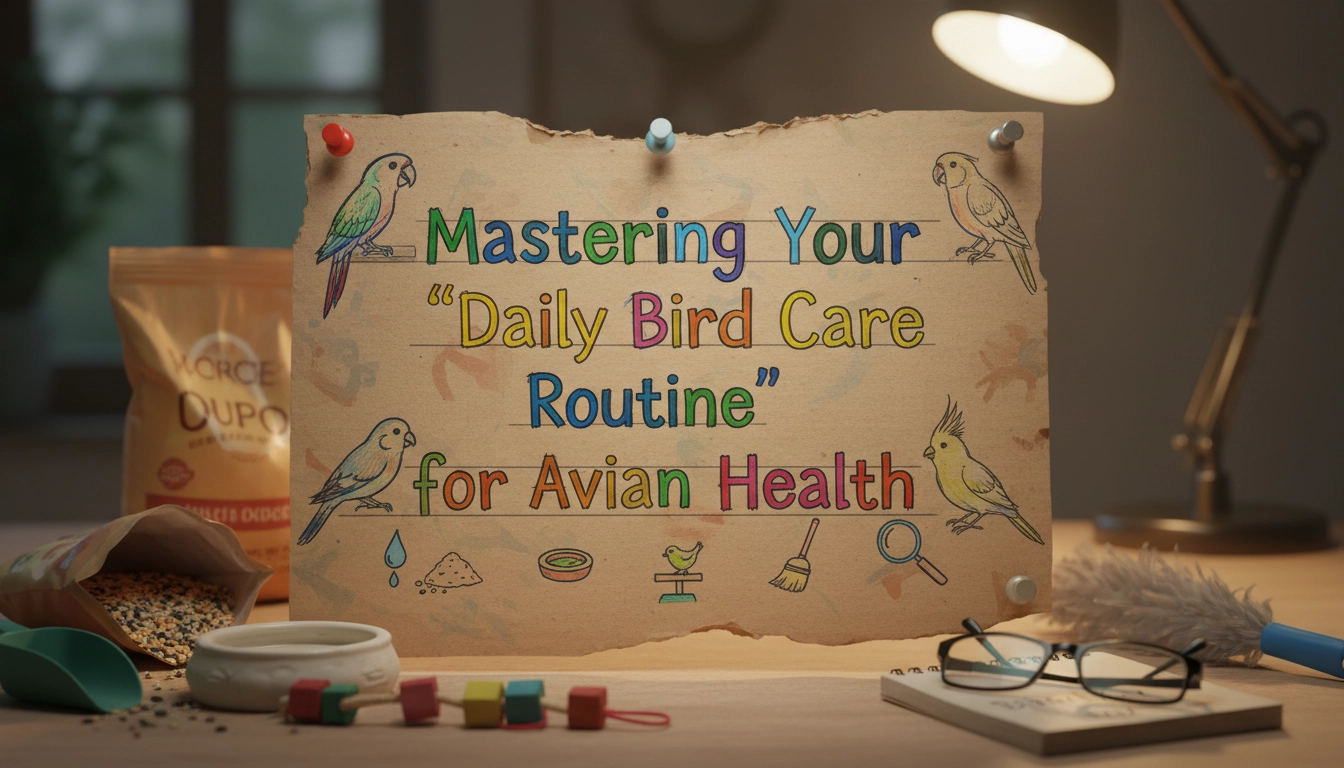 A homemade, amateur photo of a spray bottle and paper towels next to a parrot cage as part of a Daily Bird Care Routine.