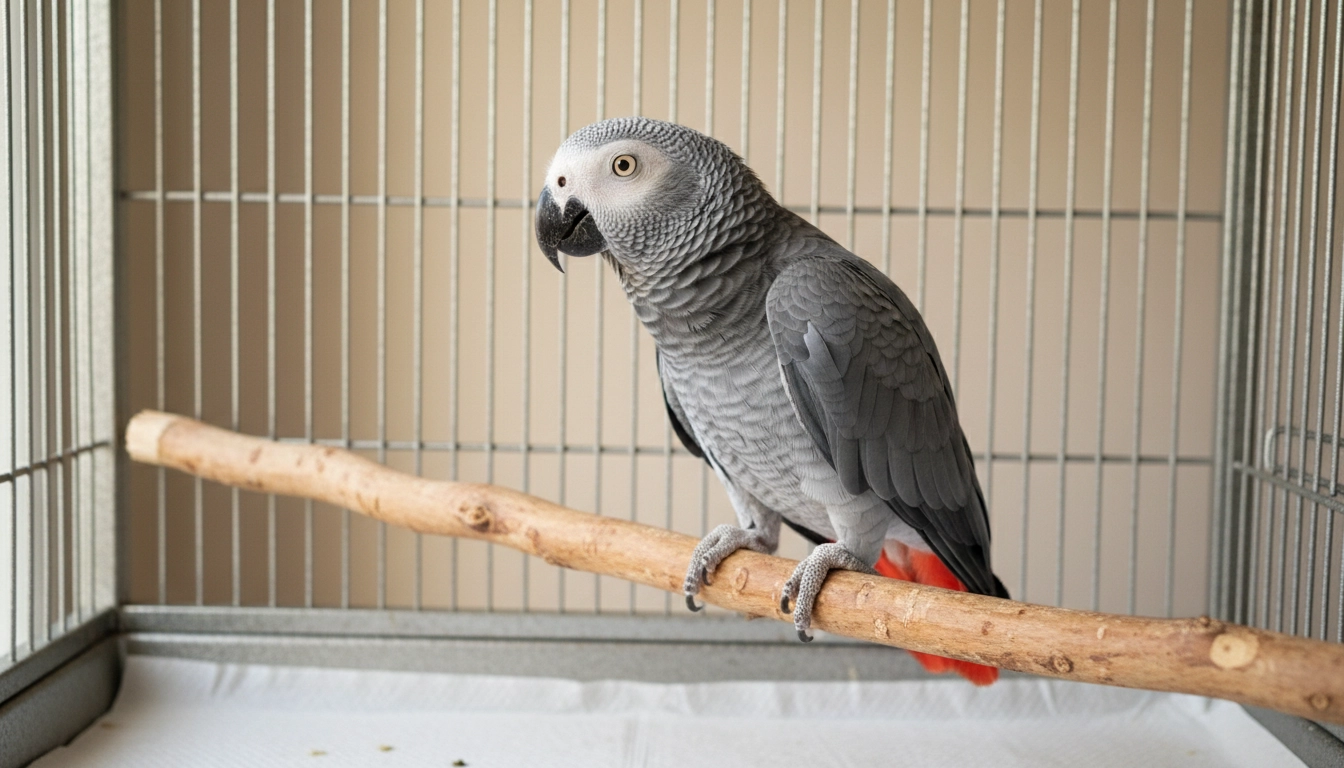 A healthy African Grey parrot perched in a clean cage, illustrating the benefits of a Daily Bird Care Routine.