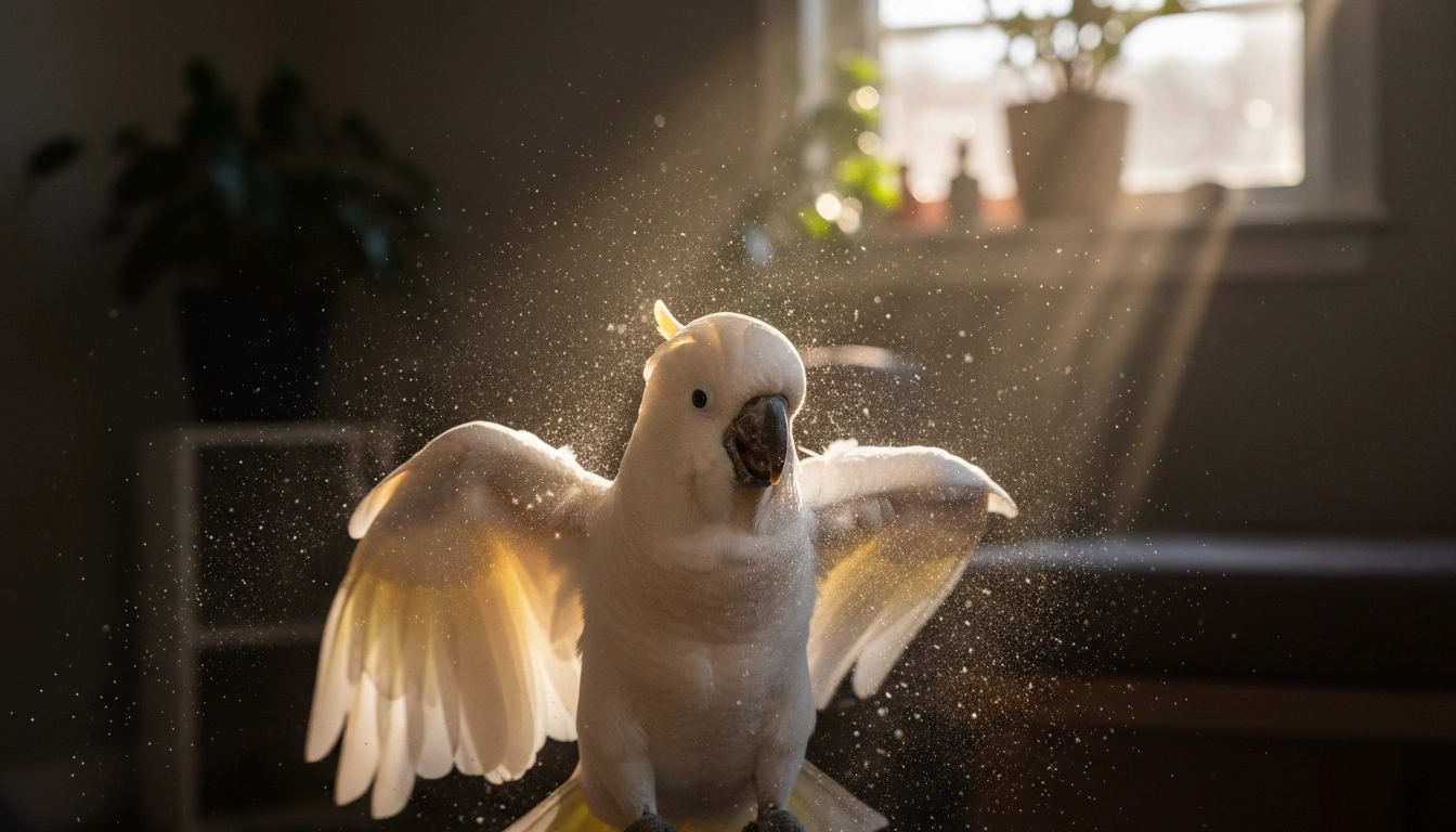 An Umbrella Cockatoo shaking its feathers, releasing natural powder down into the air, highlighting the need for a Daily Bird Care Routine.