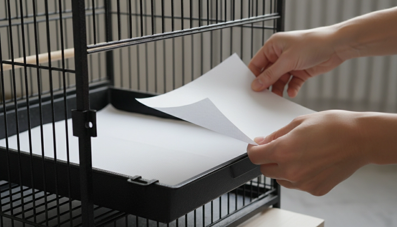 A person's hands sliding out a bird cage tray to replace the paper liner during a Daily Bird Care Routine.