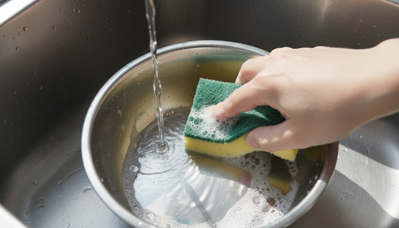 Scrubbing a stainless steel bird water bowl with a sponge to remove biofilm as part of a Daily Bird Care Routine.