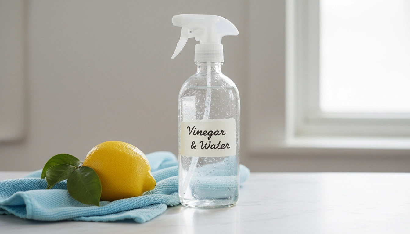 A glass spray bottle containing a vinegar and water mixture next to a fresh lemon, used for a safe Daily Bird Care Routine.