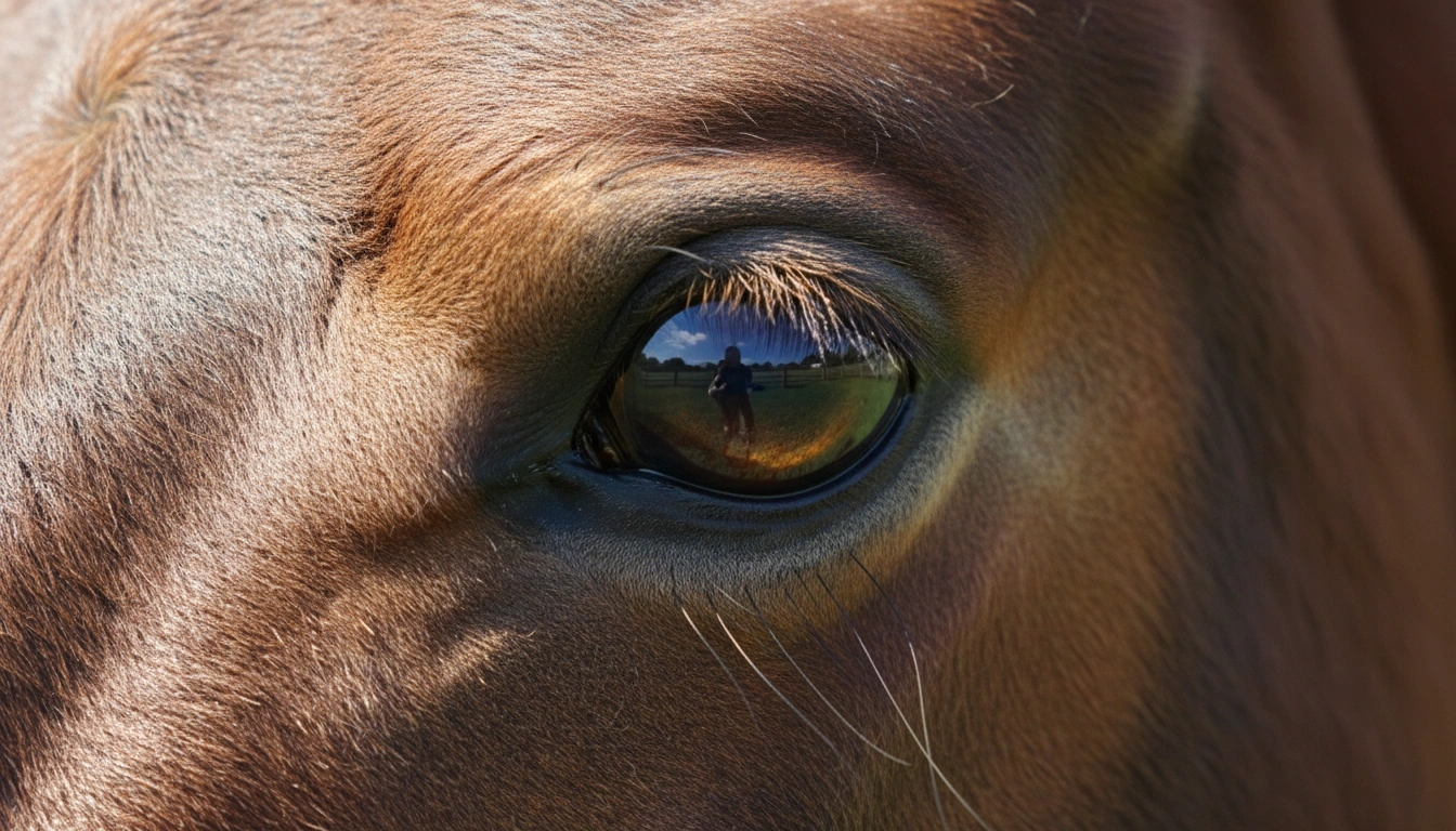 A close-up shot of a healthy horse's bright, clear eye reflecting the outdoor landscape.