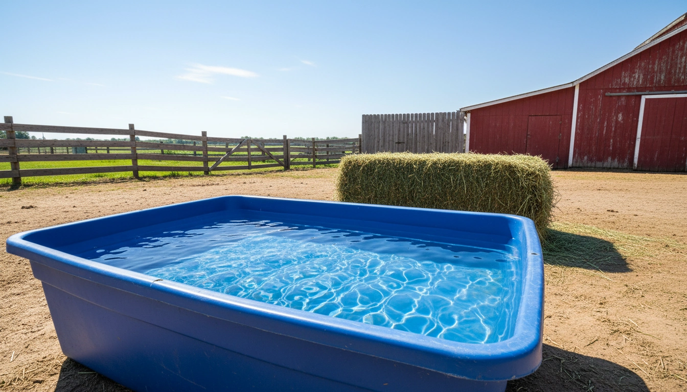 A clean blue water trough filled with fresh water next to a pile of high-quality hay.