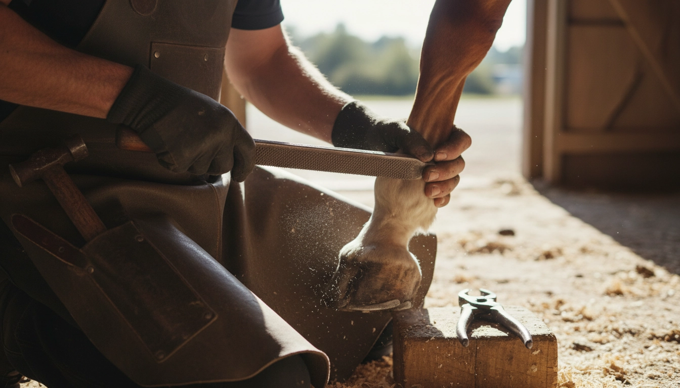 A professional farrier using a rasp to balance a horse's hoof during a routine visit.