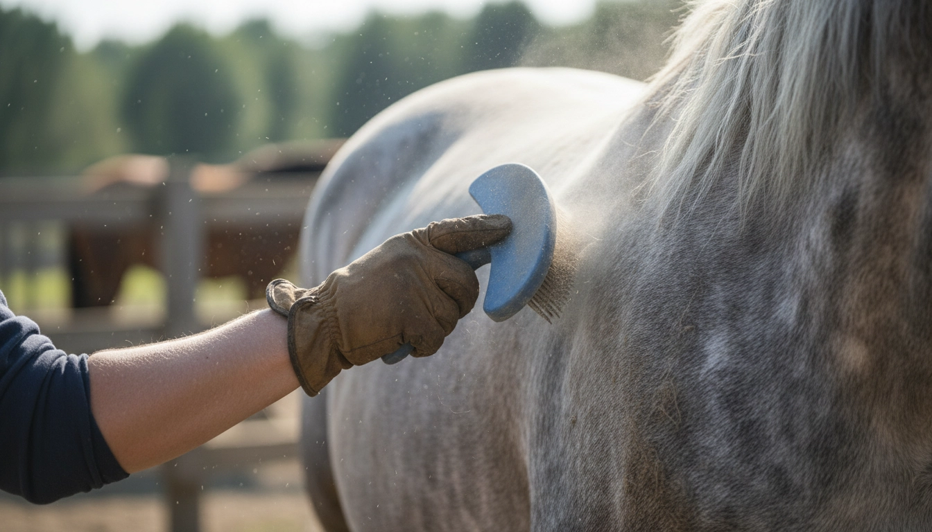 A person using a curry comb on a horse's shoulder to check for bumps and skin issues.