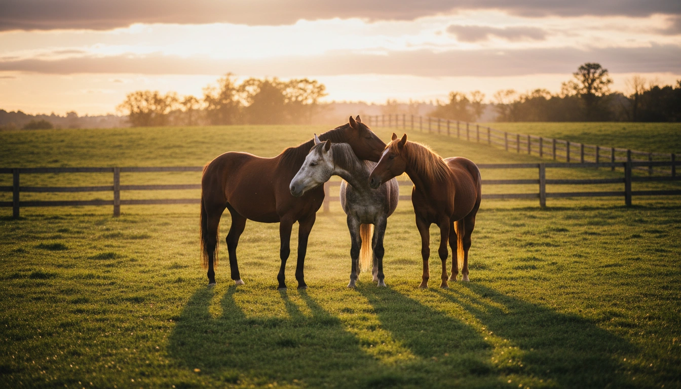 A group of horses standing together in a field during a seasonal transition.