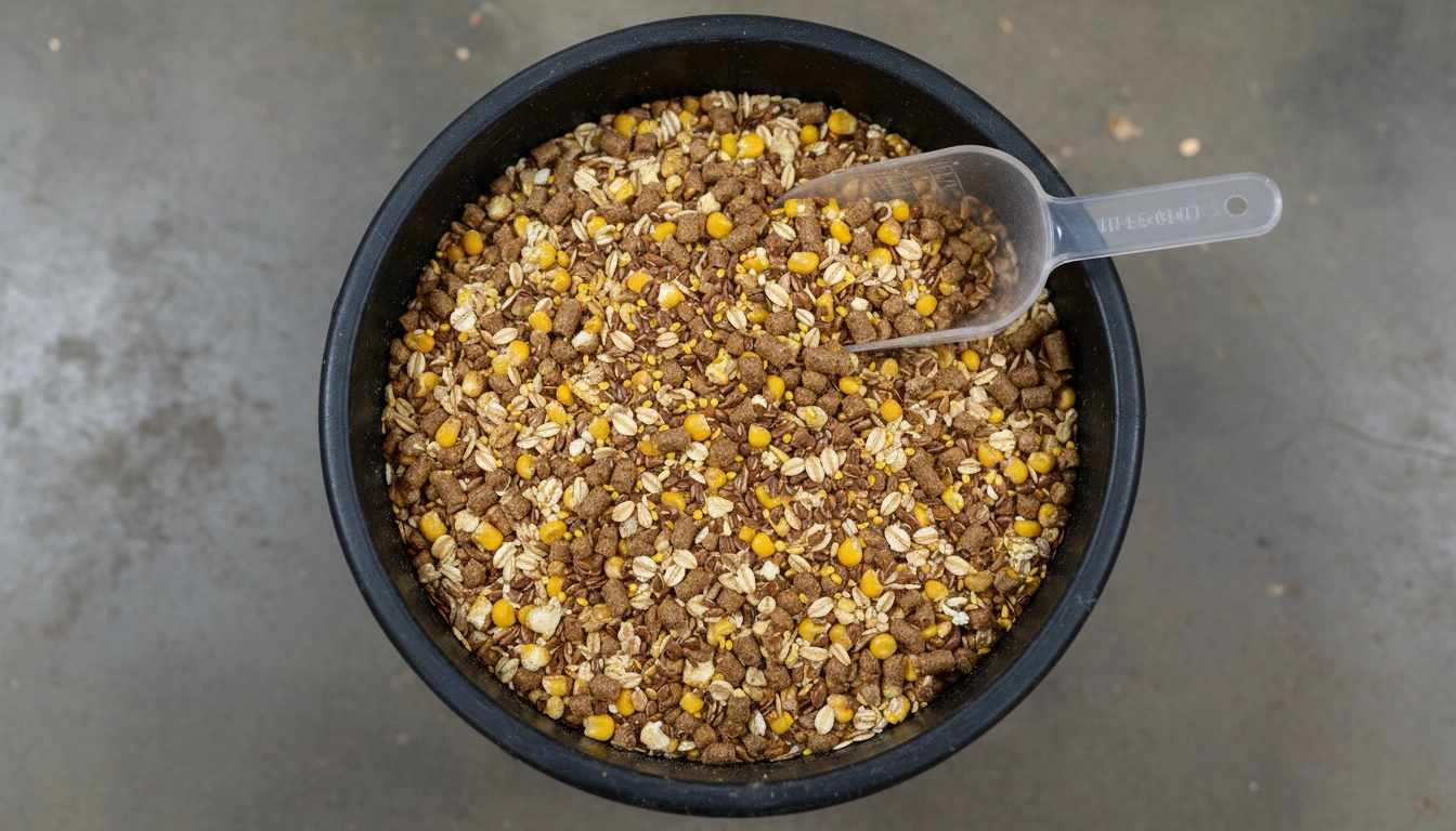A scoop of horse grain topped with shiny flax seeds and a measured supplement.