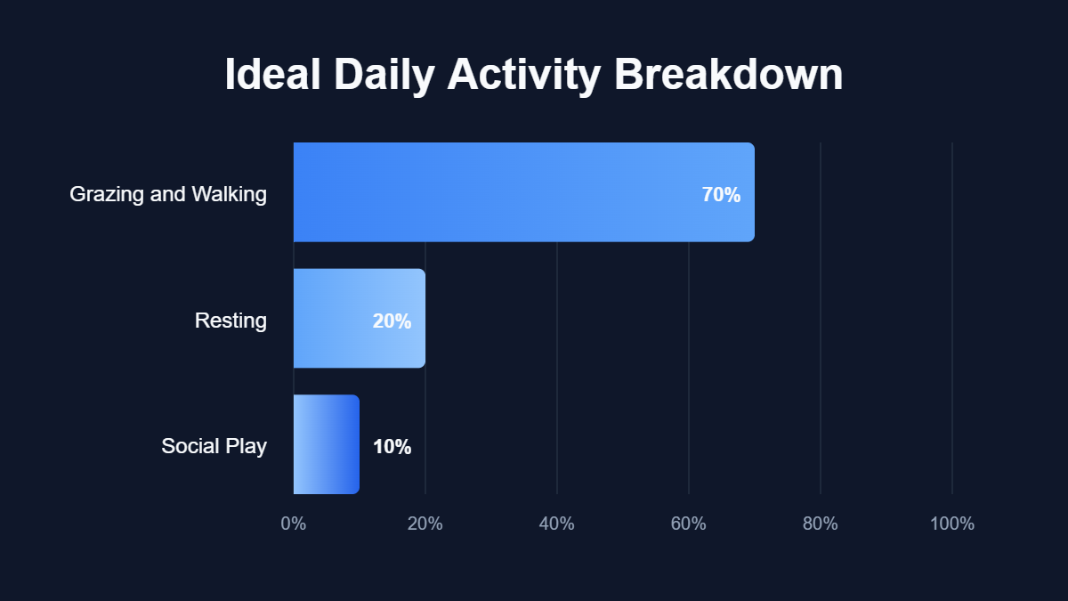 A pie chart titled "Ideal Daily Activity Breakdown" showing data for Grazing and Walking, Resting, Social Play.