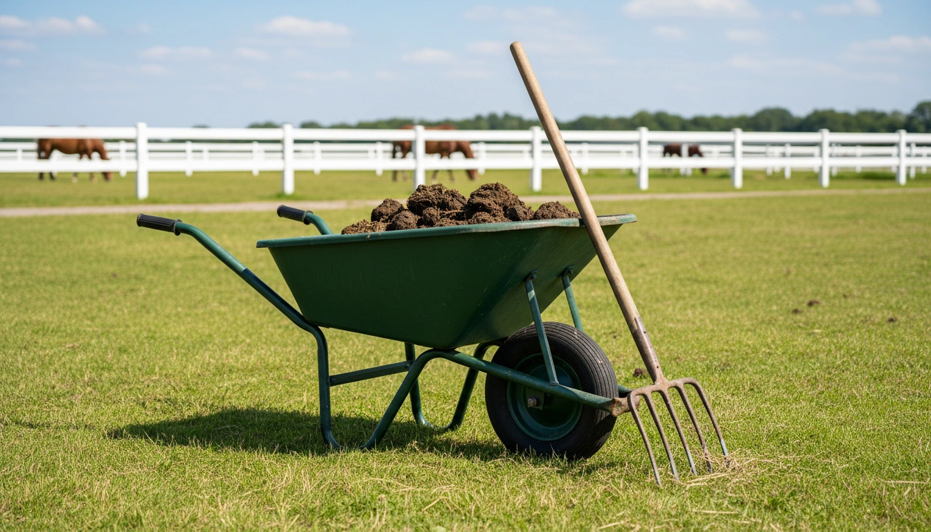 A wheelbarrow and pitchfork in a field, representing the manual labor involved in how to keep horses healthy by controlling parasites.