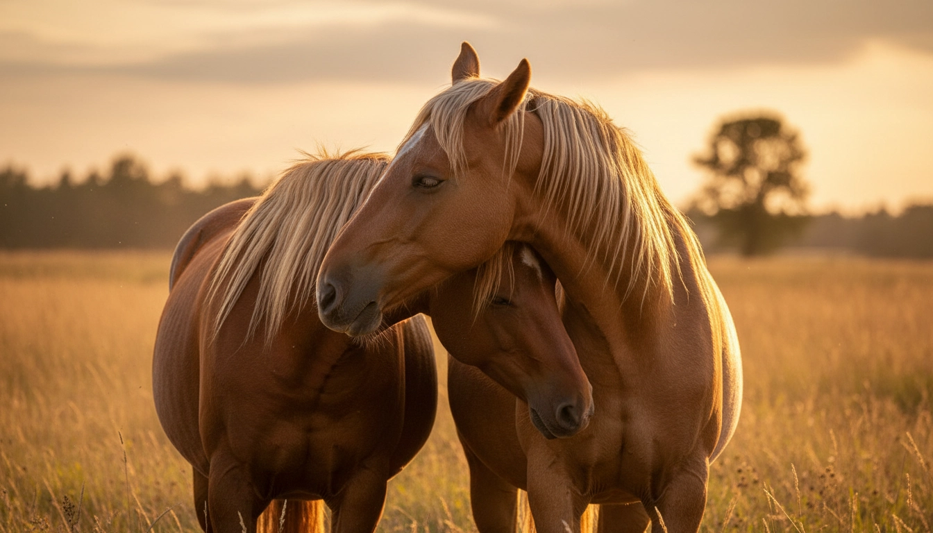 Two horses standing together and grooming each other, showing the social side of how to keep horses healthy.