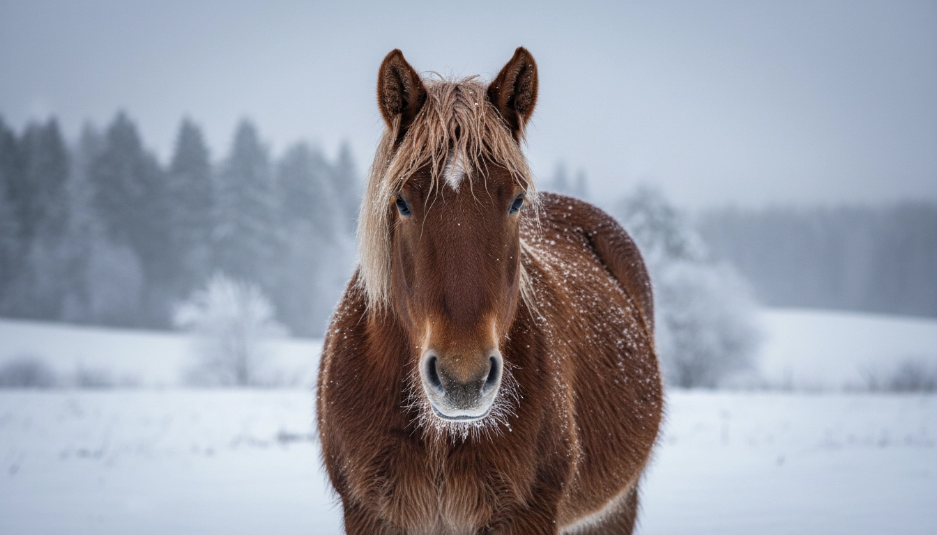 A horse with a fuzzy winter coat standing in a frosty field, showing seasonal adaptation and how to keep horses healthy in winter.