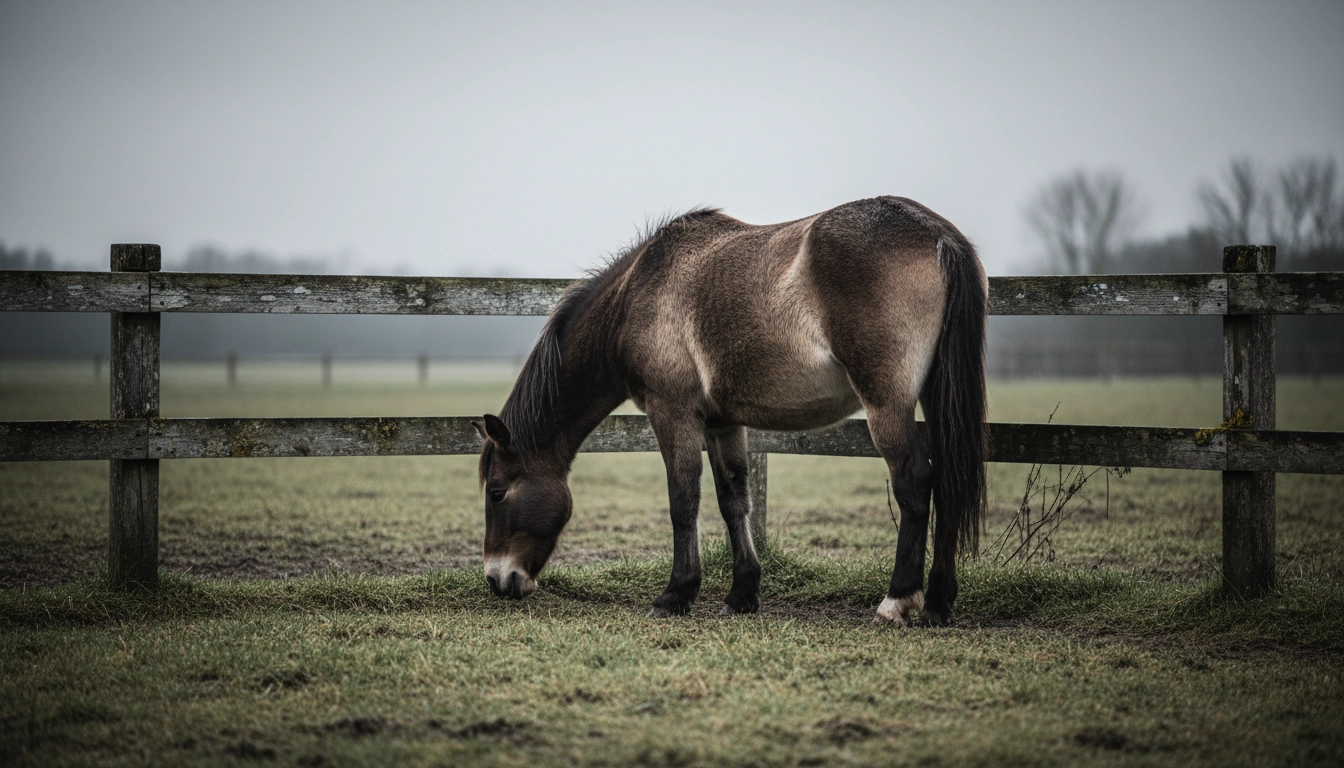 A horse standing with its head down and looking lethargic, a sign to watch for when learning how to keep horses healthy.