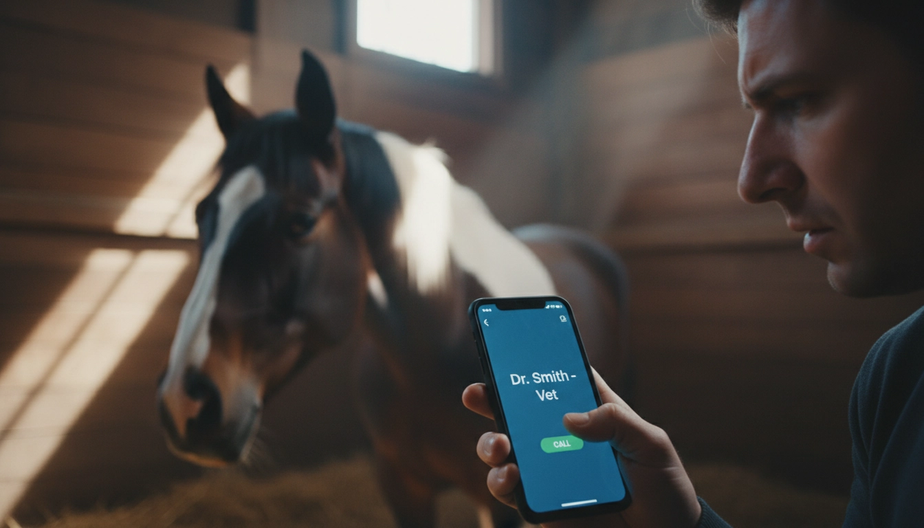 A person holding a smartphone with a veterinarian's contact info ready, a key step in how to keep horses healthy during emergencies.