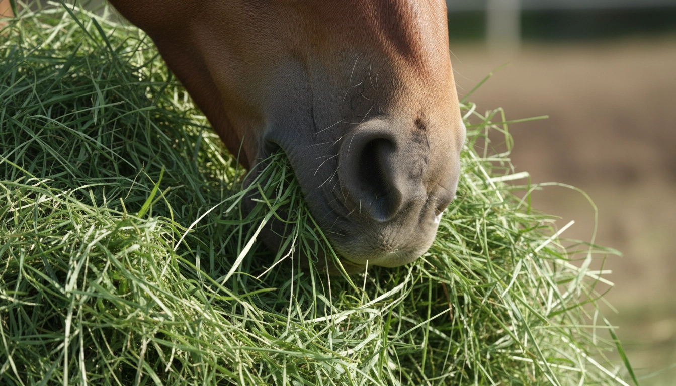 A horse eating high-quality green forage, a key component of how to keep horses healthy and their digestion moving.