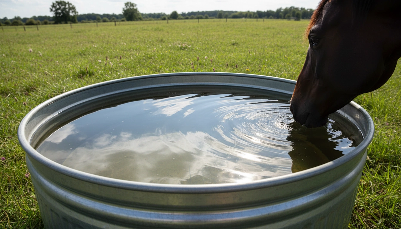 A clean and full water trough in a paddock, showing the importance of hydration in how to keep horses healthy.